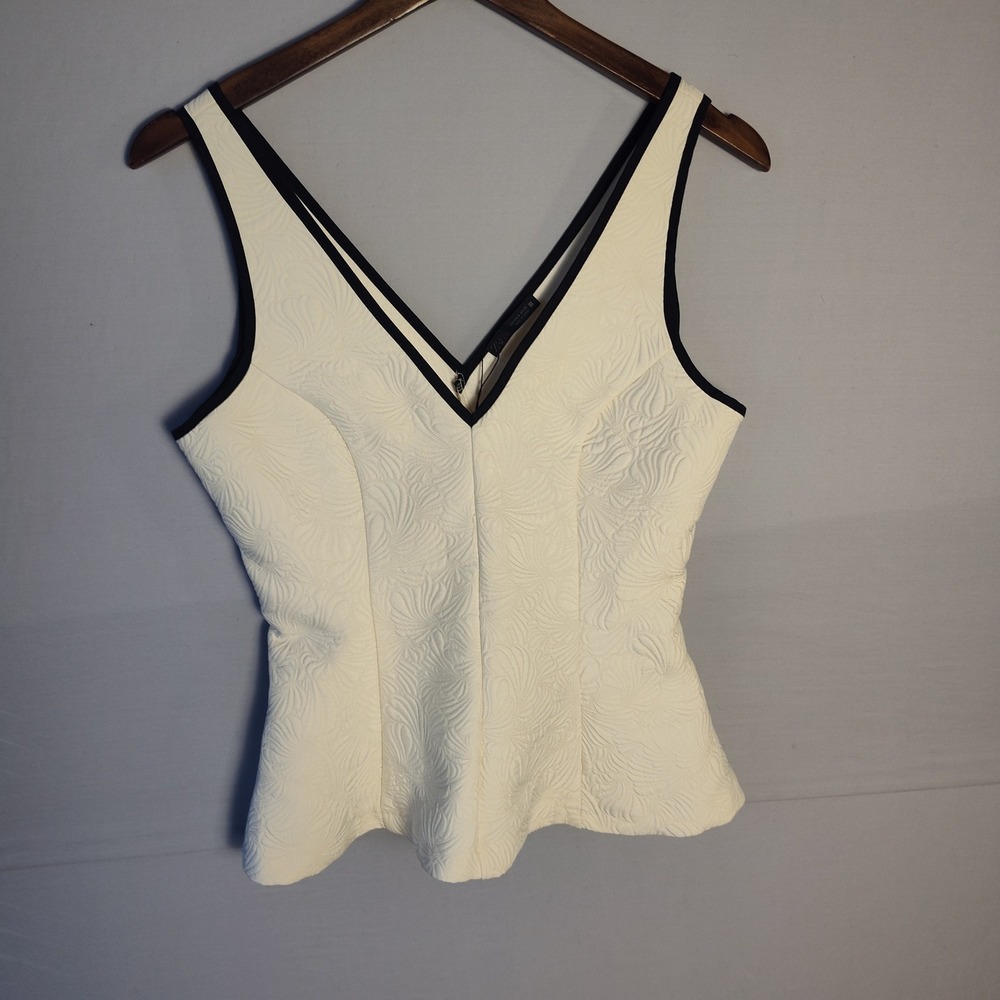 Zara Womens Ivory Jacquard V-Neck Sleeveless Top Textured Contrast Trim Small